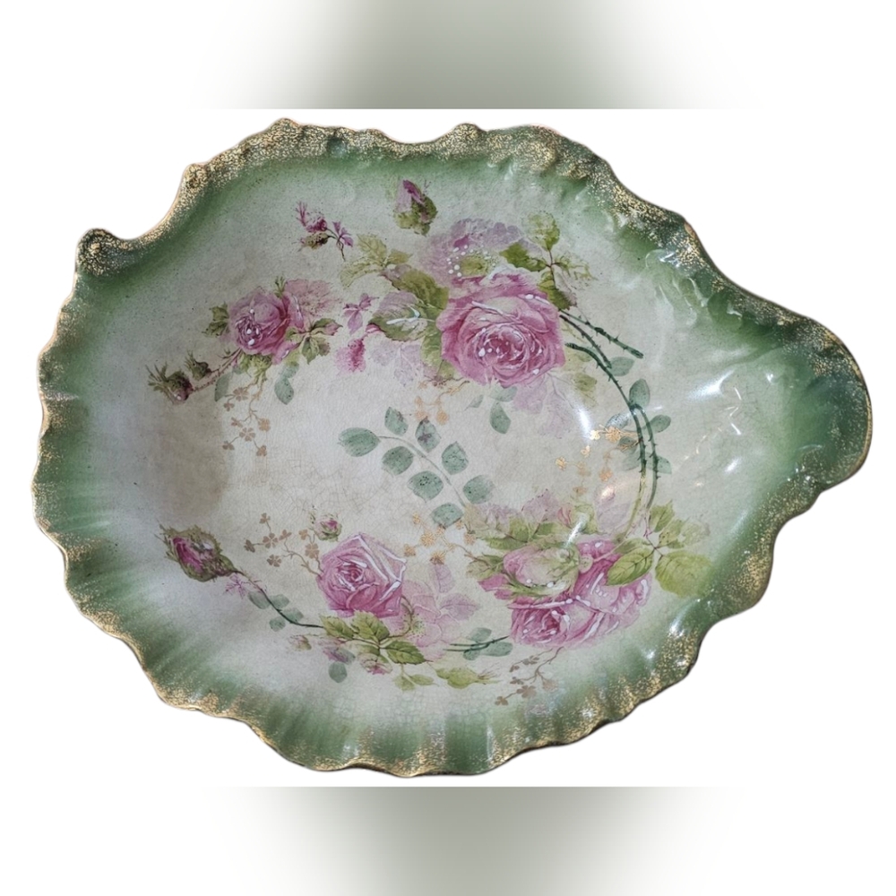 Antique La Belle China Oval Shape Serving Dish Gold Edges Pink Roses Vintage